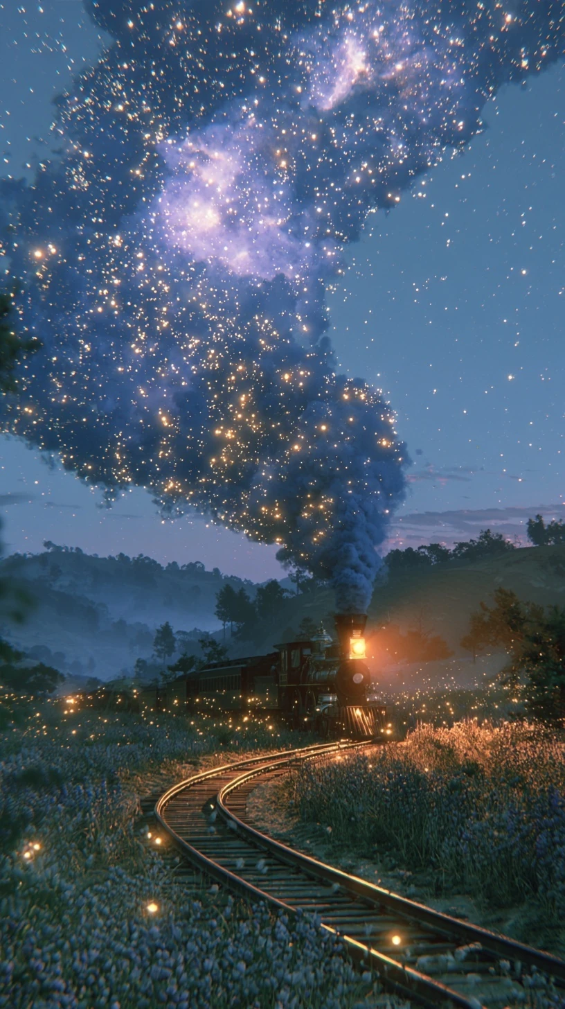 A night train crossing a valley, its smoke turning into stars
