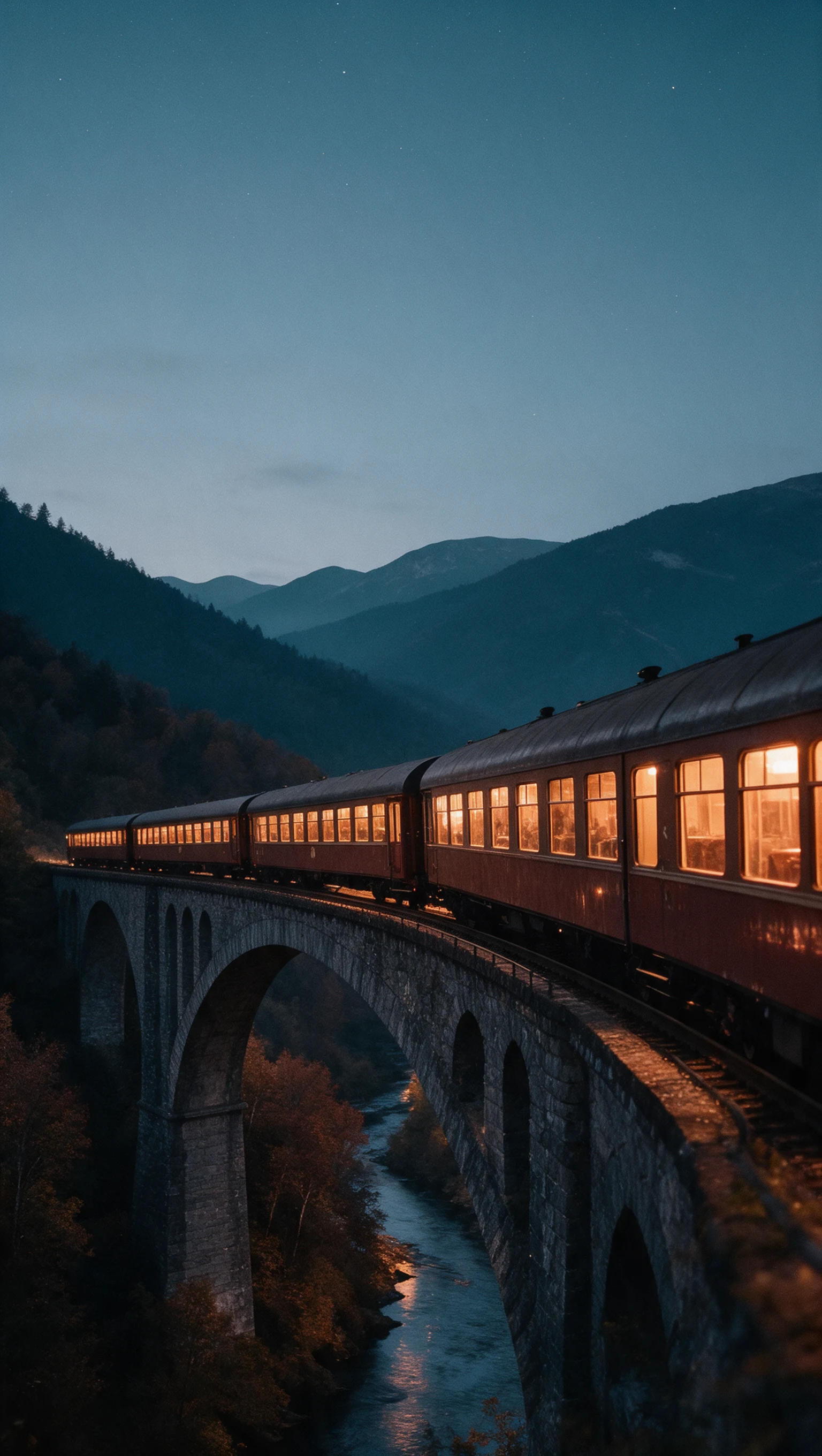 A warmly lit chestnut train crossing a stone viaduct above an autumn gorge at dusk